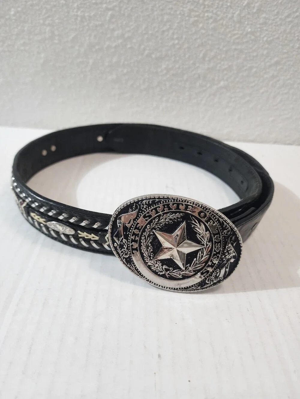 Vintage Justin 741BK Leather Western Belt Laced Concho Texas Buckle Size 36